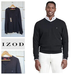 IZOD Mens V Neck‎ Long Sleeve Sweater Knit Black XL Classic Fit Cotton